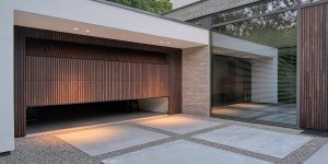 Bamboe garagedeur gelijk met de gevel